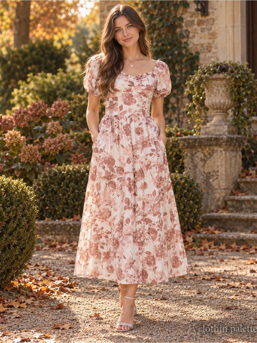 NWOT August Sky Floral Sweetheart Puff Sleeve Midi Dress Cream Rose S